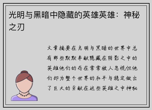 光明与黑暗中隐藏的英雄英雄：神秘之刃